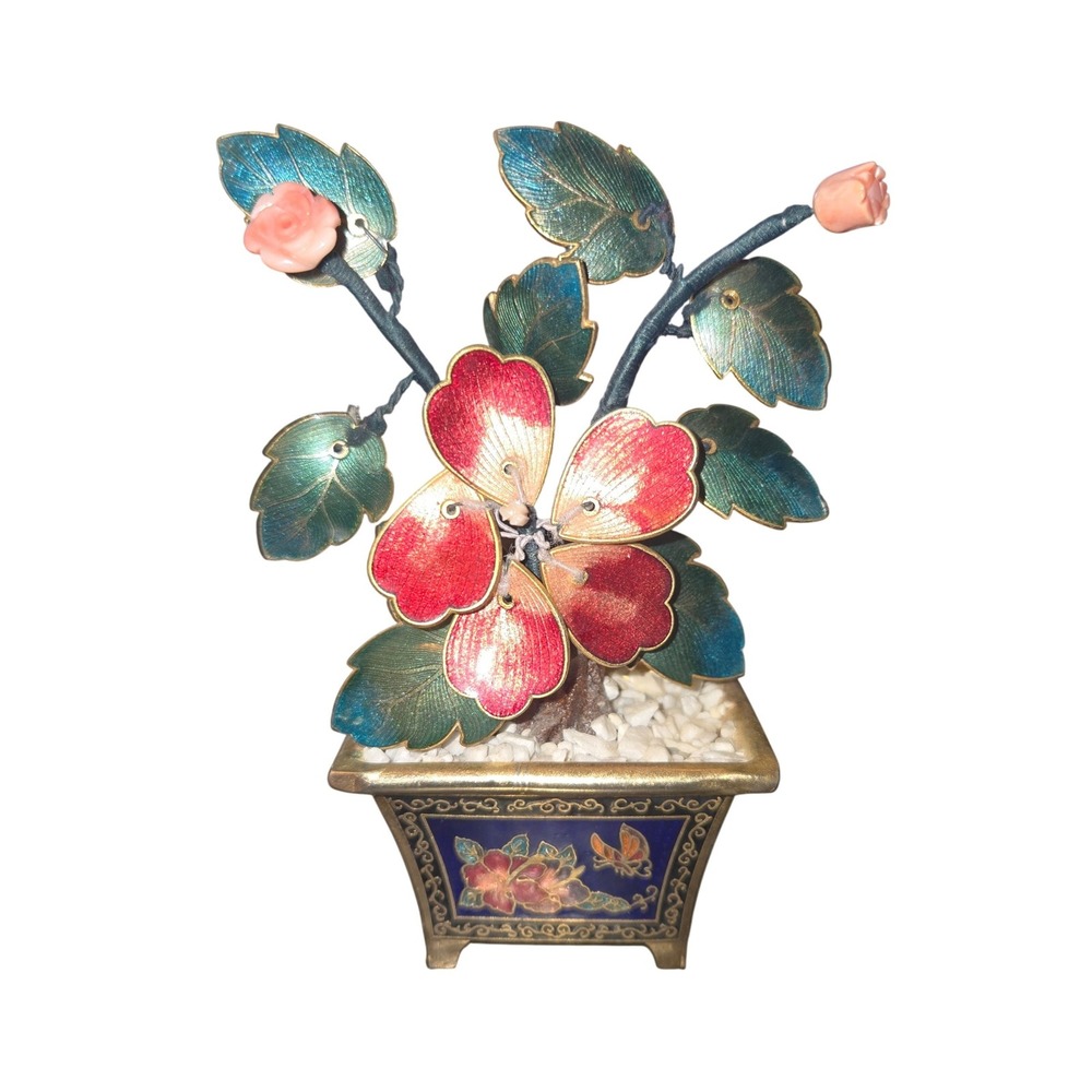 VTG Cloisonne Bonsai Tree Home Decor 5"X3"X1.75" Multicolor Enamel Brass Floral